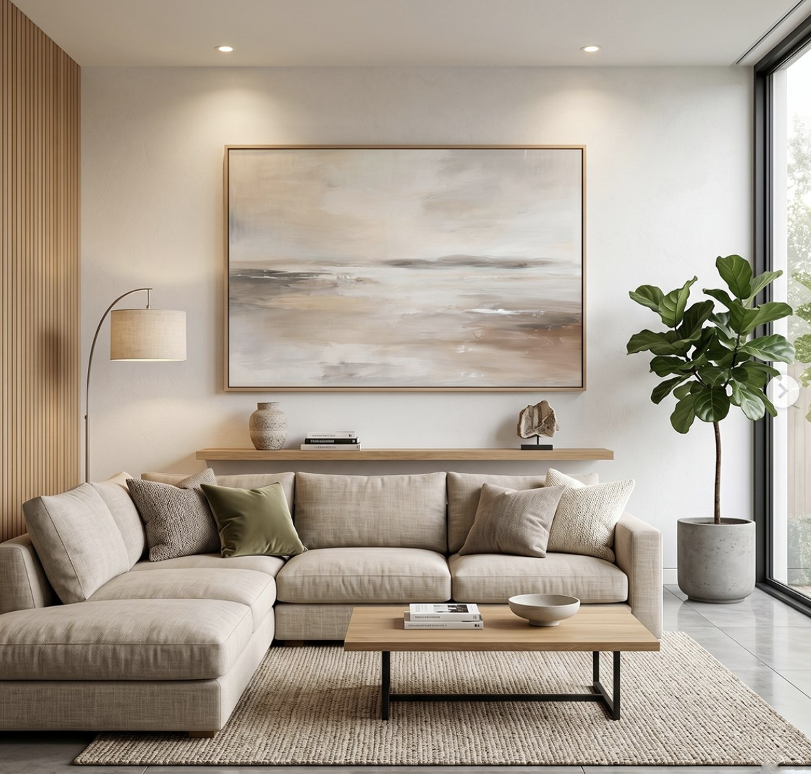 Obra Mares II en un living con sillón de lino