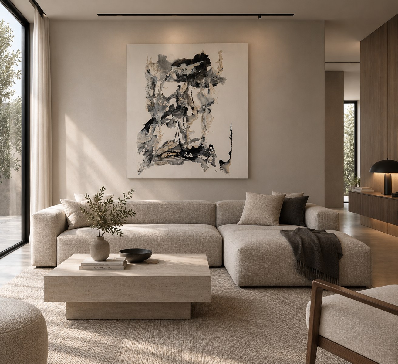 Obra Esencia sobre un sillón de lino
